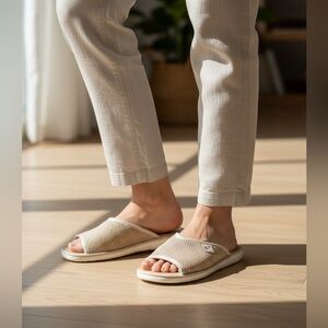 Fly Flot  Beige Stretch Mesh Cushioned Leather Insole Slides Made in Italy sz9.5